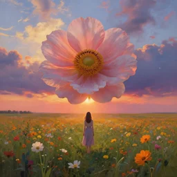 large flower head, girl standing in a flower field, surreal photography, sunrise dramatic light, impressionist painting, colorful clouds, digital painting, artstation, simon stalenhag
