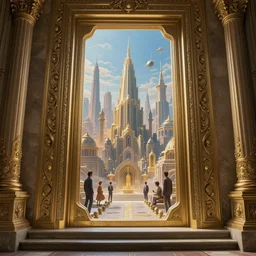 carved futuristic door at the end of ancient ornate steps shows a large window to a city detailing the vast architectural scientific ancient and cultural acheivements of humankind, magical atmosphere, jorge jacinto, andreas rocha, damian kryzwonos, ede laszlo, christian reiske, trending on artsation, digital art, cinematic blue gold