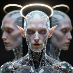 centered artwork. horizontally symmetrical artwork. high contrast. increased sharpness. depth of field. close-up portrait of one biomechanical lich with halo, with transparent skin made of glass, by jarold Sng and Stephen Oakley, octane render, by greg rutkowski, artstation