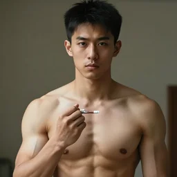 photo of a 4 0 year old man that looks young for his age that takes hgh and testosterone. he has no shirt on and his muscles are in view.