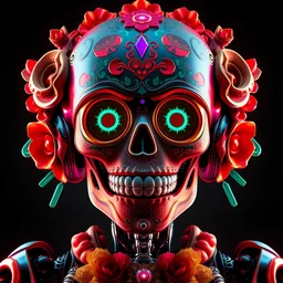 a mexican robot in the day of the dead style, smiling, digital illustration, amazing detail, ray tracing, symmetric, 3 d render, inspired by deema egorov and sebastian jm, concept art, vibrant