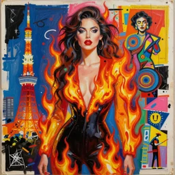 acrylic painting of a woman in fire fashion in tokyo, mixed media collage by basquiat and jackson pollock, maximalist magazine collage art, retro psychedelic illustration