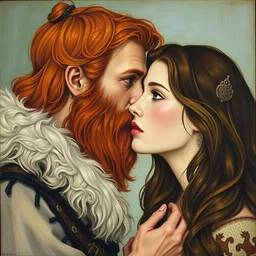 red bearded blue eyed viking kissing beautiful brown haired green eyed female gustav klimt painting,