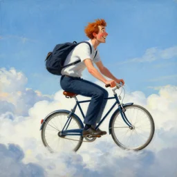 A whimsical painting of a happy man flying in the sky on his bicycle in the clouds by Artgerm, Mark Arian, Rolf Armstrong