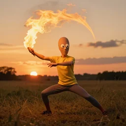 squidward practicing firebending in an open field at susnset, 1 2 0 mm, dramatic lighting'