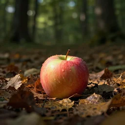 An apple laying in the leaves in a forest, octane render, volumetric lighting, depth of field, 4K