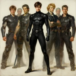 full character of a handsome futuristic superhero in black clothes, character design, painting by gaston bussiere, katsuya terada, nc wyeth, greg rutkowski, craig mullins, vermeer, frank frazetta, mucha, tom of finland, trending on artstation, jeffery catherine jones, rule of thirds