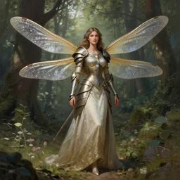 photo of a humanoid dragonfly hybrid were a heroic dress an armour with dragonfly wings in the forest, long hair, highly detailed, digital painting, artstation, smooth, sharp focus, illustration, art by artgerm and greg rutkowski and alphonse mucha