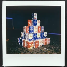 polaroid photo, oldschool 8 0 s pyramid!!! triangular!!! cardboard!!! soviet ussr milk pack, blue, red, white, in game pathologic 2, unreal engine,