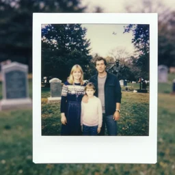old polaroid of weird lookin family photo in the cemetery, there is a demon in the background