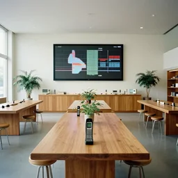 (1950s Microsoft vintage modern retail interior. Mobile phones. large oak tables, empty stools, fragrant plants, large digital screens) muted palette, architectural photography, wide shot, XF IQ4, 14mm, f/1.4, ISO 200, 1/160s, 8K, RAW, unedited, symmetrical balance