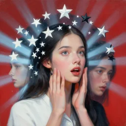 3 d, close - up, white and black stars, red sky, surprised fashion model, light blue moon rays, soft shadows, cinematic, poster art, hyper detail, intricate oil painting, multiple exposure, night mood, 3 d, by tooth wu and wlop and gerald brom and eric canete and beeple and greg rutkowski