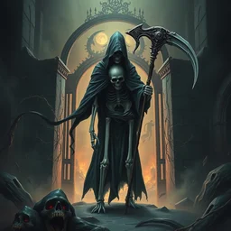 in front of the gates of hell, the cloak - clad skeleton of the grim renegade with a scythe for the soul, ominous, realistic smooth detailed artwork, intricate lines, clear focus, conceptual art, scene art, arsen asyrankulov, antonino truisi