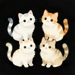 cute little cats, watercolor, background black