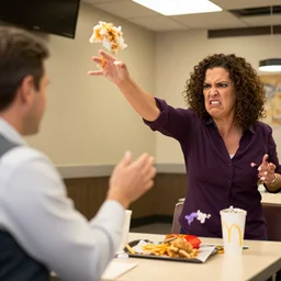 angry karen throwing her food back at a mcdonalds employee