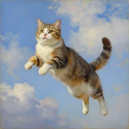 An impressionist painting of a jumping cat under the sky, by (Ross Tran, Norman Rockwell, Leonardo da Vinci), beautiful clouds, whole cat body, strong facial features, Trending on Artstation