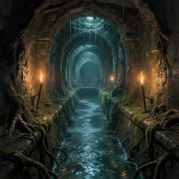 inside the ancient flooded sewers in the old part of the city. fantasy art, adventure, dripping water, standing water, channel, running water, stream, channel, roots, musty, moss, sewage, dark, underground, abandoned spaces, torch - lit. by ralph mcquarrie and fred fields