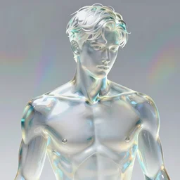 portrait of a beautiful state made of transparent glass depicting a young fit man, shiny reflective surfaces, luminous scene, by greg rutkowski and alphonse mucha, d & d character, gradient white to silver, in front of an iridescent background, highly detailed portrait, digital painting, artstation, concept art, smooth, sharp focus ilustration, artstation hq
