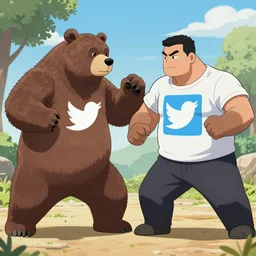 man in a reddit t - shirt fighting a bear wearing a twitter t - shirt, draw it like an anime - n 4