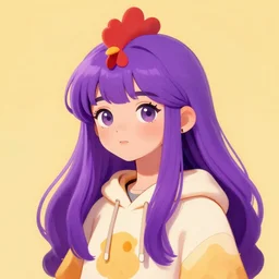 a girl with long purple hair wearing a hoodie looking like a chicken, digital art