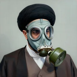 detailed 6 0 0 mm realistic photography of random iran ayatollah wear gas mask with mollah suit on the nuances of the human face and subtle shifts in tonal value, silhouette composition, neutral, cool - toned palette, fluid patterns, powerful composition, opaque paints, grid method.