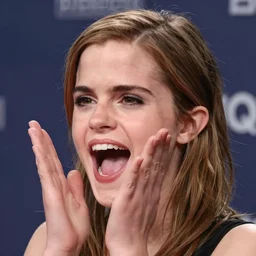 Emma Watson gasping in excitement, (EOS 5DS R, ISO100, f/8, 1/125, 84mm, postprocessed, crisp face, facial features)
