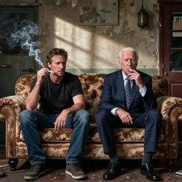 mike lindell sitting next to hunter biden on dingy couch in a crackhouse smoking crack