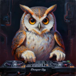 an owl dj making techno music, artistic, cartoon, oil painting, futuristic, dramatic, very detailed, trending on artstation, surreal
