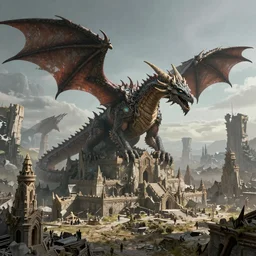 dragon rise forgotten realm fantasy, dragon design language, abandoned/destroyed city, massive scale, medieval time, complimentary color scheme, G liulian Art style, unreal 5, hyperrealistic, realistic, photorealistic, dynamic lighting, highly detailed, cinematic landscape, studio landscape, studio lighting ,-W 1024