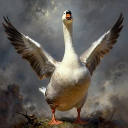 the huge goose god is going to destroy the world, a single colossal goose. epic lighting, composition, highly detailed, by Frank Frazetta