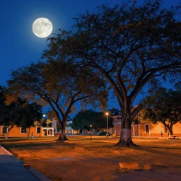 matte painting of a park in yucatan mexico at night with a full moon, large ceiba trees, by asher brown durand and greg rutkowski, featured on artstation, blue and orange color scheme