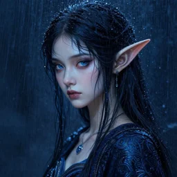 highly detailed portrait of an elven fairy, in the rain, highly detailed, painting, dark blue and black color palette, intricate, high quality anime artstyle, in the style of ilya kuvshinov