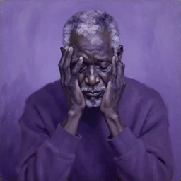 old black man, woeful, monochrome purple, oil painting by aaron douglas,