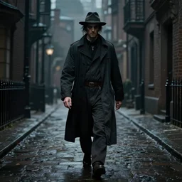 a plague doctor walks through a Victorian city, dark atmosphere, detailed, dark Colors
