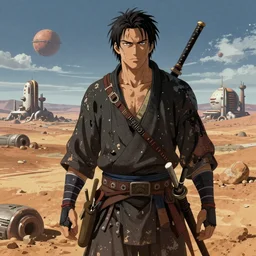 Thomas Jane, an illustration of a worn out samurai that got time travelled to a futuristic colonized Mars, art by Ilya Kuvshinov, highly detailed, anime key visual, epic landscape, HD digital art, artstation