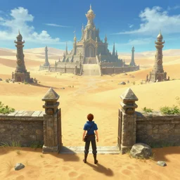 a young man standing at the entrance of an isolated sacred spiritual fantasy alien village in a vast sand desert, final fantasy, square enix, squaresoft, jrpg