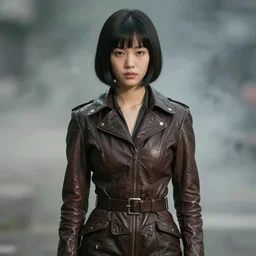 individual, youthful asian blade runner demure, 3 5 mm, exquisite features, feminine cut, shallow depth of field, 1 9 7 0's frontiers in flight leather suit, roger deakins, smoke, grain