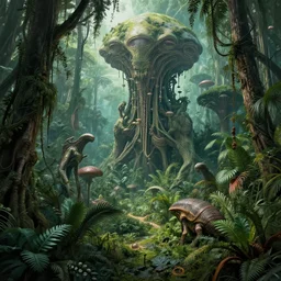 epic, ultra detailed, hyper - real alien jungle by zaha hadid and greg rutkowski inside zdzisław beksinski