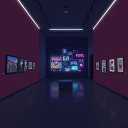 low light museum, sparse room, dark lighting, oled lights in corners, soft neon lights, modern arty showroom, cel - shading, 2 0 0 1 anime, flcl, jet set radio future, the world ends with you, cel - shaded, strong shadows, vivid hues, y 2 k aesthetic, art by artgerm