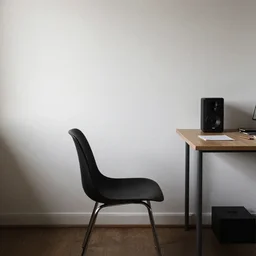 a room with a chair, a table, and a speaker, unsplash, postminimalism, aesthetic, cluttered