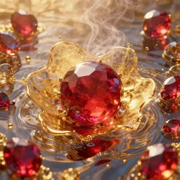 vivid conceptual dream of resonating bliss, gold, ruby, glass, water, vaporwave, HDR, octane render, 8k, 4k