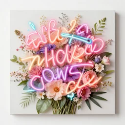 elias van den broeck floral art with neon graffiti random words superimposed