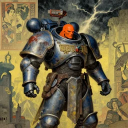 composition of gothic and futuristic, warhammer, cyber armor, more and more scars, thunderstorm, orange head, some yellow and blue, the middle ages, highly detailed, artstation, in the style of moebius, jugendstil and classic japanese print, art by david myers and rene magritte
