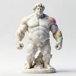 stylized rainbow bismuth ornate statue full body made of marble of brawny burly surly posing, perfect symmetrical body, perfect symmetrical face, hyper realistic, hyper detailed, by johannen voss, by michelangelo, octane render, blender, 8 k, displayed in pure white studio room