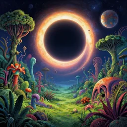 alien planet biome, pulp 8 0's sci - fi book cover, lush and colorful eclipse, extraterrestrial plants novel