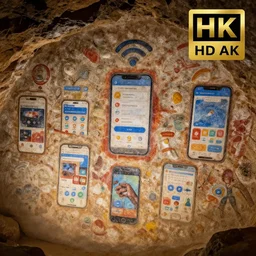 Ancient cave paintings with intricate details depicting modern technology smartphones with apps and wifi internet, intricately detailed, archaeological discovery, photo realistic, high resolution, dramatic lighting, award winning, depth of field, UHD 8K