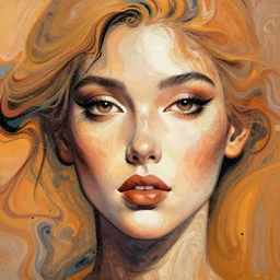 abstract art with swirly color liquid acrylic paint and beautiful female face, beautiful color composition, warm colors, black details