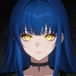 two gold eyes on a long blue - haired girl with bangs gothic anime character noir, screenshot, anime, sharp focus, intricate, illustration, cell shaded, digital painting, highly detailed, concept art, matte, art by ilya kuvshinov, wlop, and greg rutkowski, studio quality, james jean, artem demura