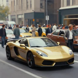 sport car in a crowded city, on the street. style by simon bisley, ismail inceoglu, wadim kashin, filip hodas, benedick bana, and andrew atroshenko.