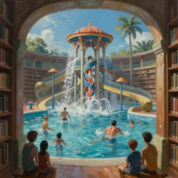 waterpark in the library painting by brain froud, charles vess, cinematic lighting, epic composition, highly detailed